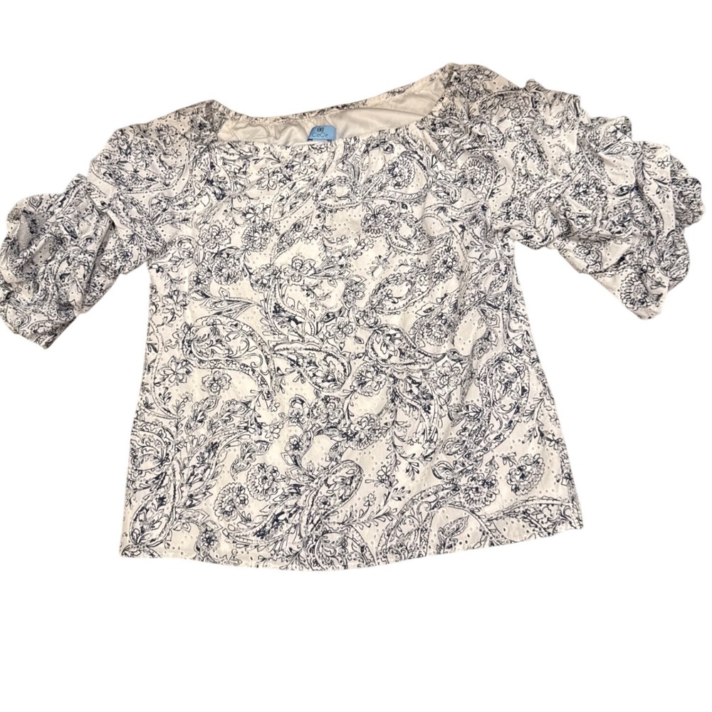 CeCe Women L Navy White Paisley Eyelet Off Shoulder Tiered Ruffle Sleeve Blouse